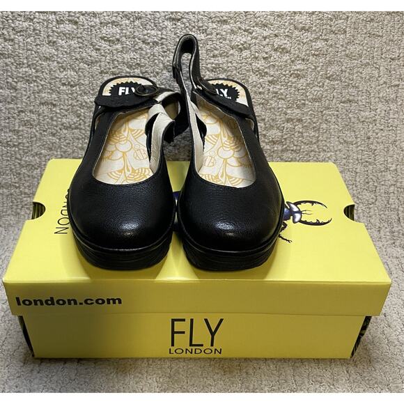 FLY London Black Leather Slingback Shoes YLUX979FLY NIB 41 US 10 BOX